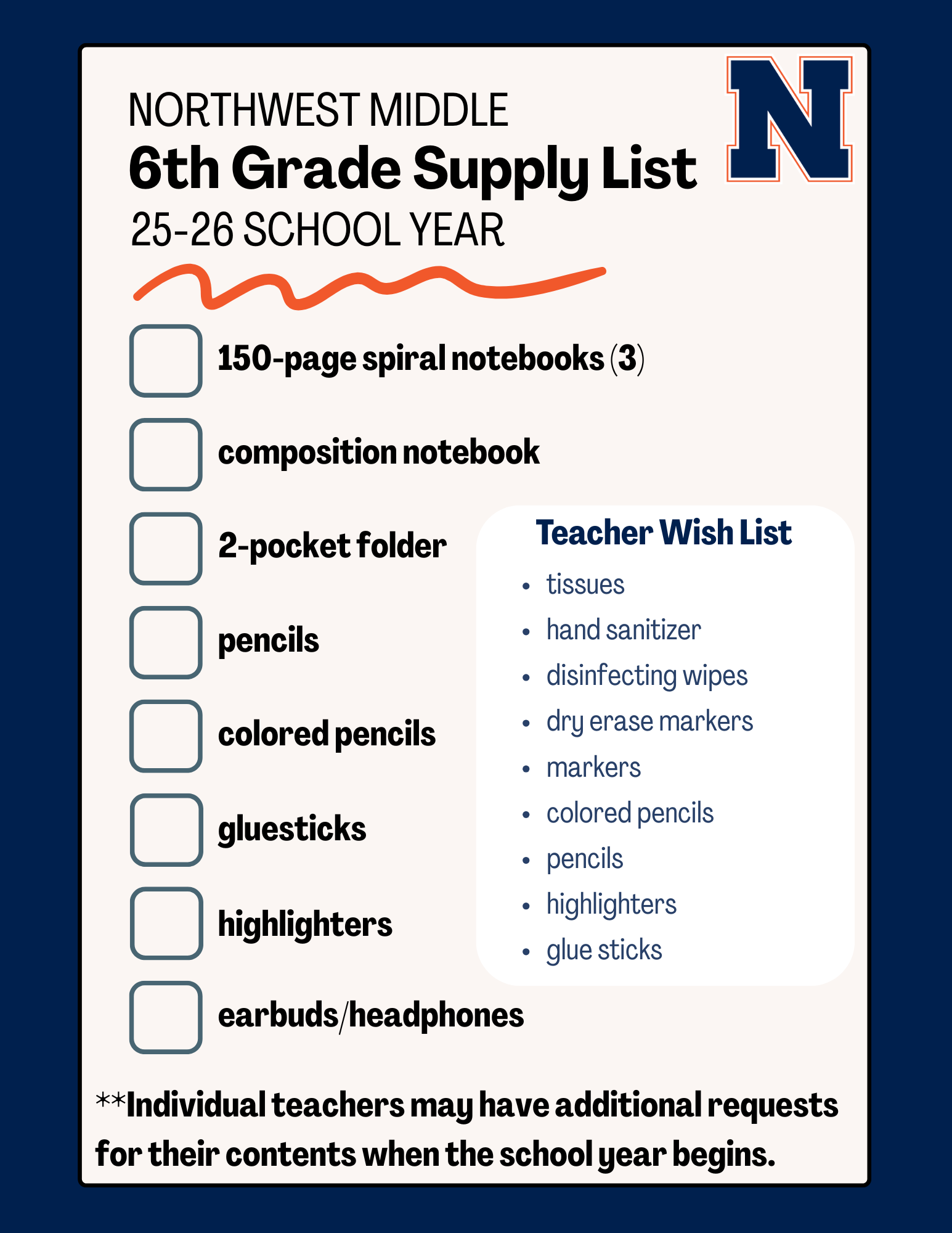  6th Grade Supply List